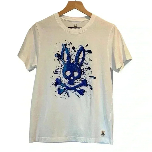 Psycho Bunny Men’s Short Sleeve T-Shirt, White with Blue Graphic, Size 3 - XS - Picture 1 of 10